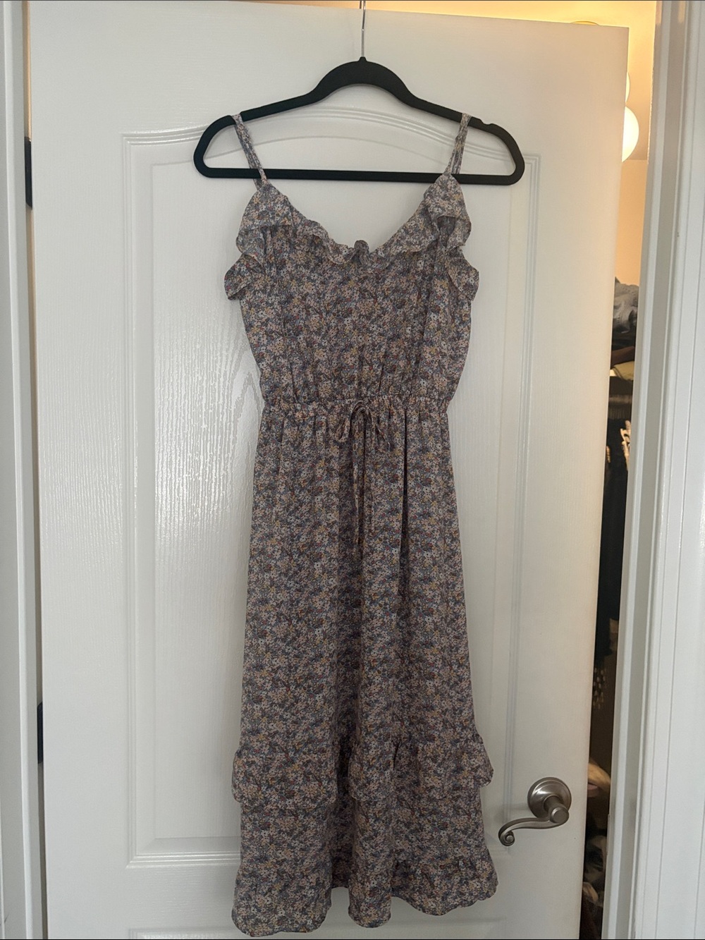 Sienna Sky Dusty Blue Floral Ruffle Midi Dress